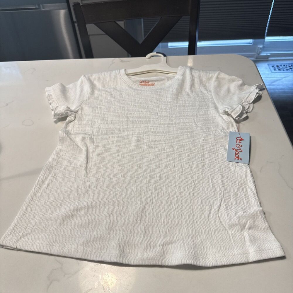 Cat & Jack Girls White Textured Ruffle Sleeve Tee Shirt Size L 10/12